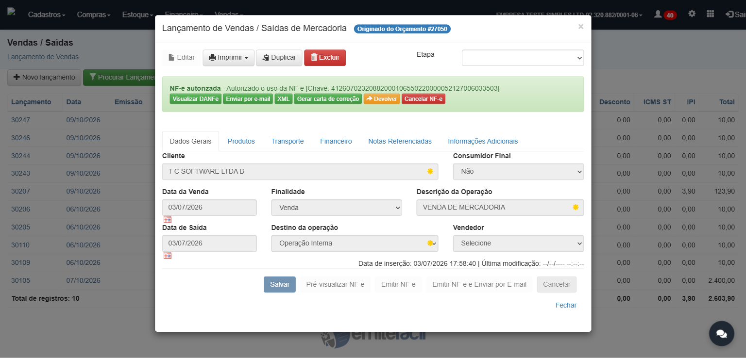 Botão Devolver na faixa de NF-e autorizada da tela de Vendas