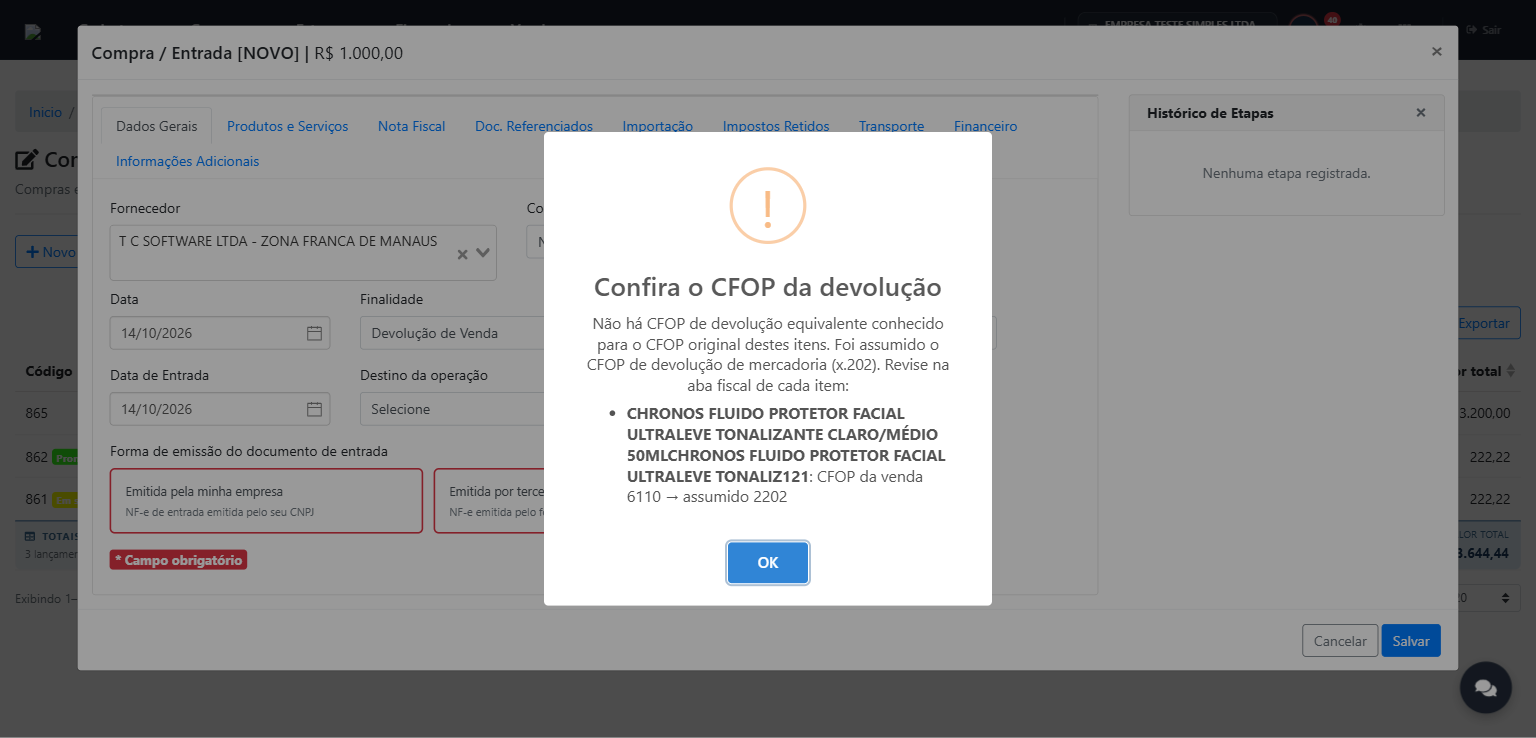 Aviso para conferir o CFOP assumido na devolução