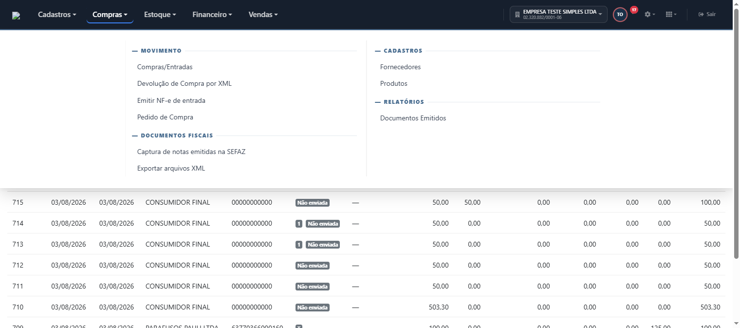 Menu Compras com a opção Devolução de Compra por XML