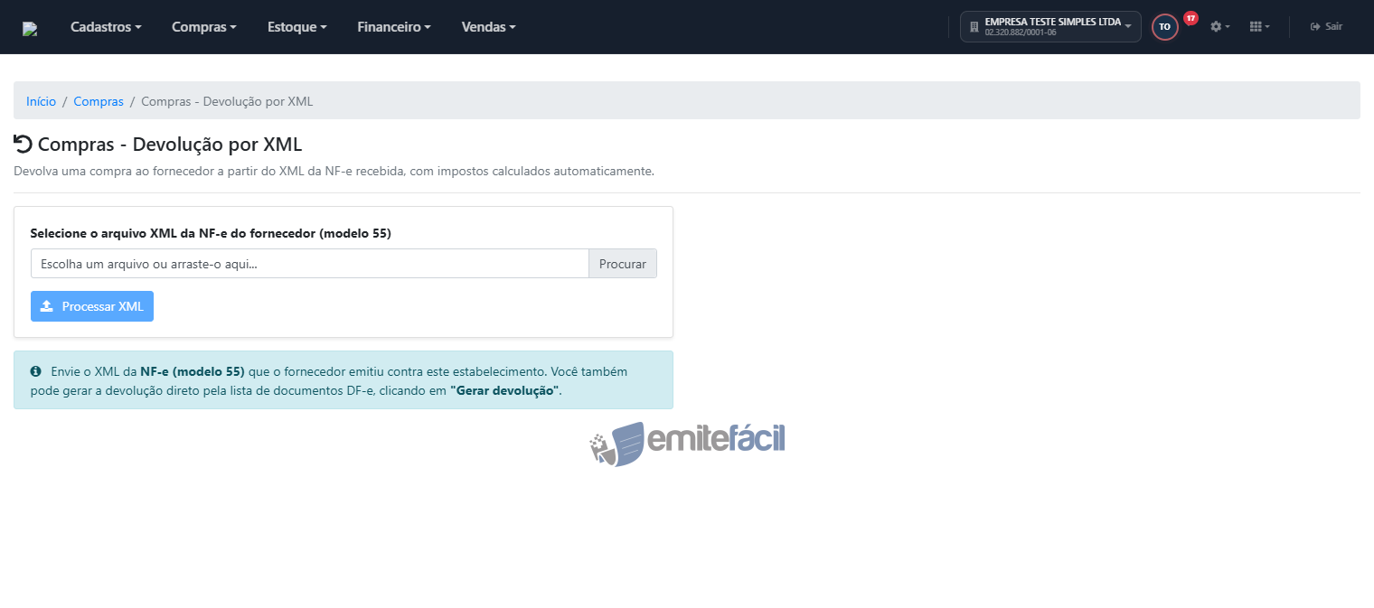 Tela inicial de devolução com campo para selecionar o arquivo XML