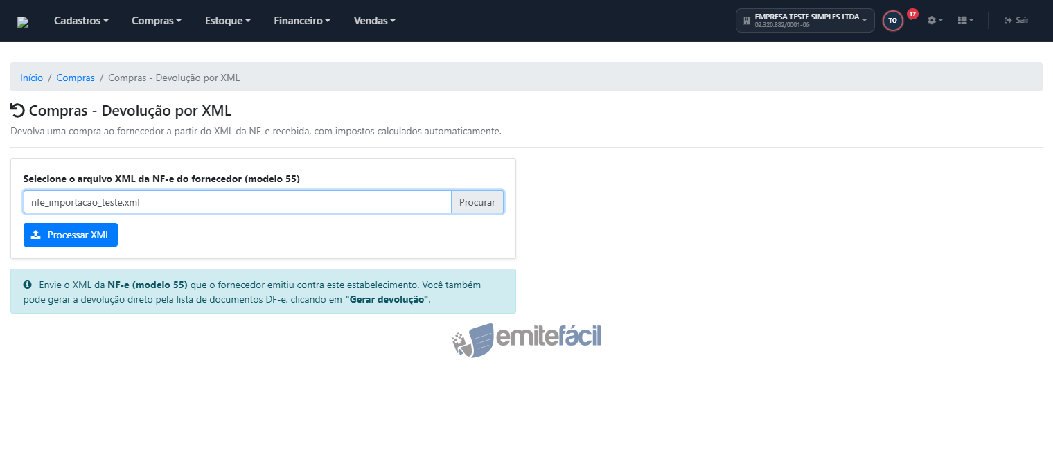 Arquivo XML selecionado, pronto para processar