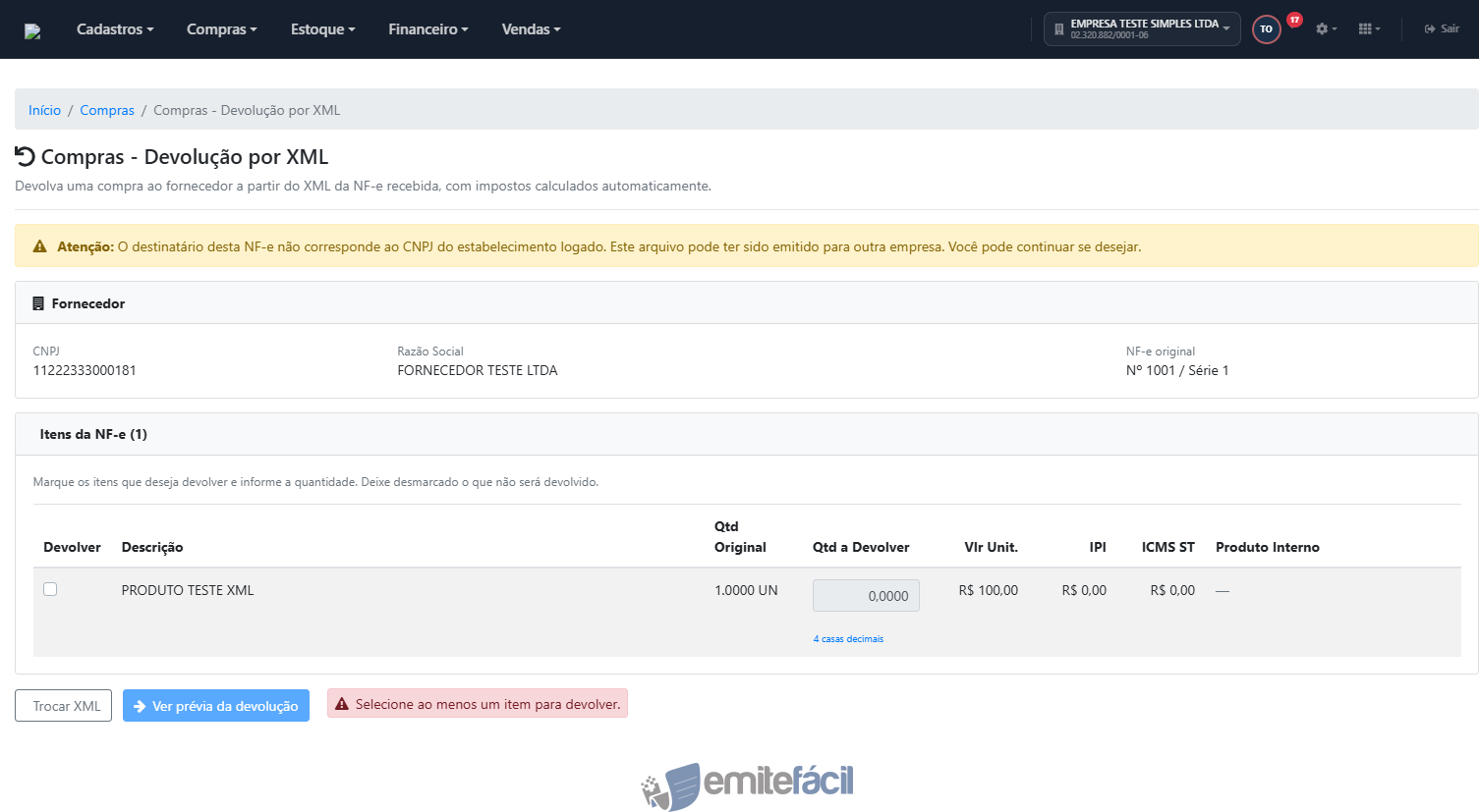Itens da NF-e com checkbox para marcar a devolução