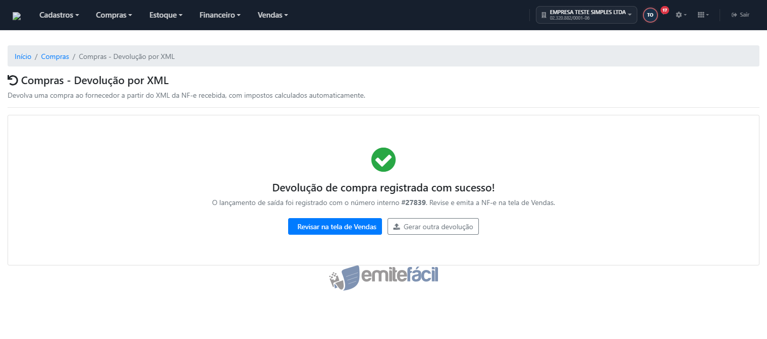 Tela de sucesso confirmando o registro da devolução
