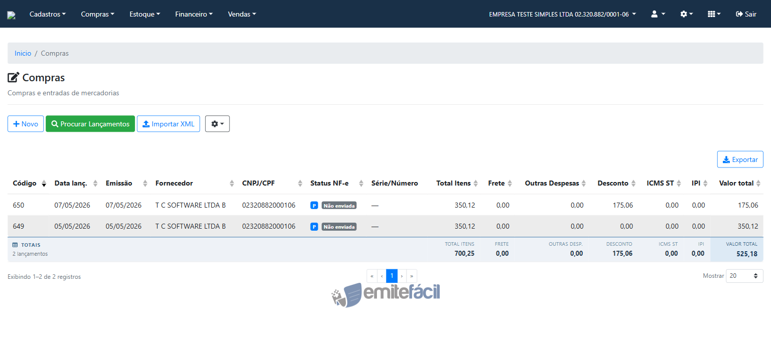 Listagem de compras com botão Importar XML