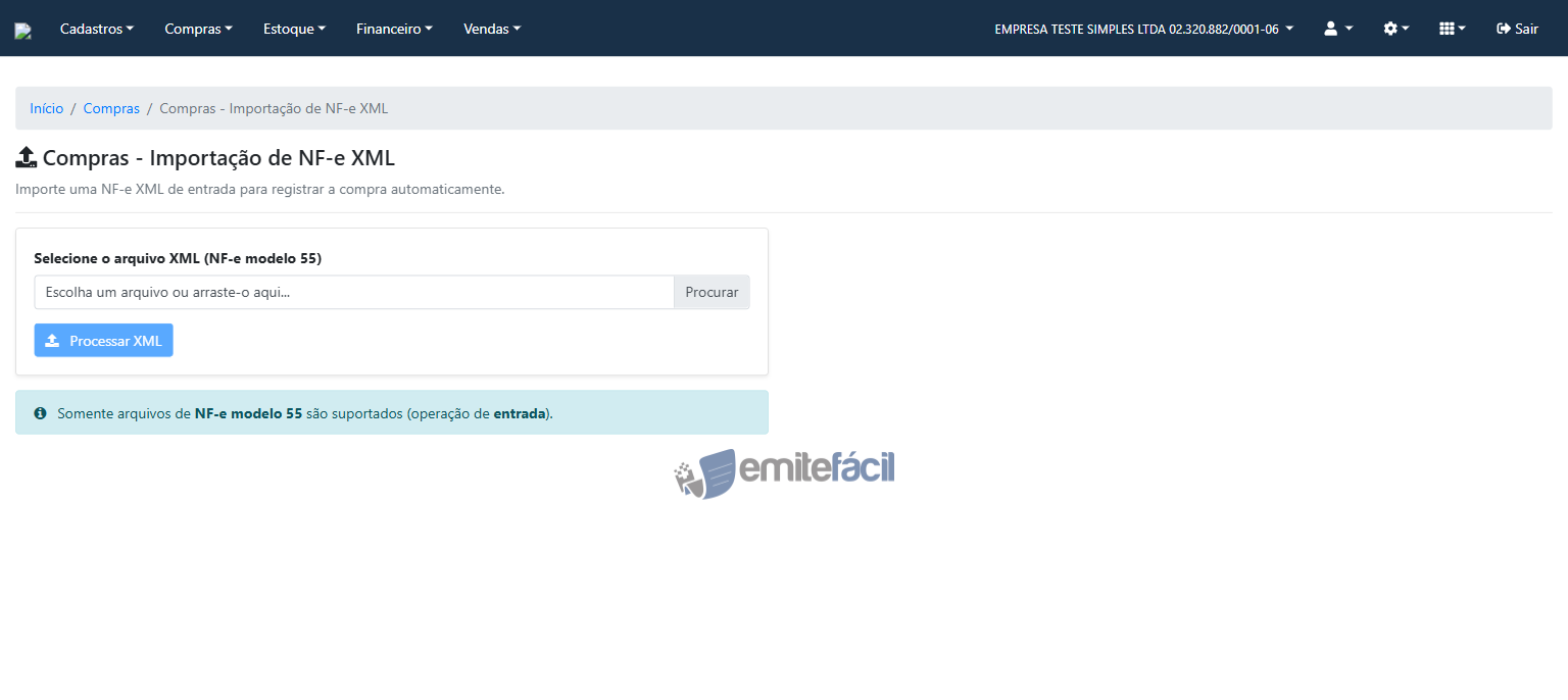 Tela de importação de NF-e XML