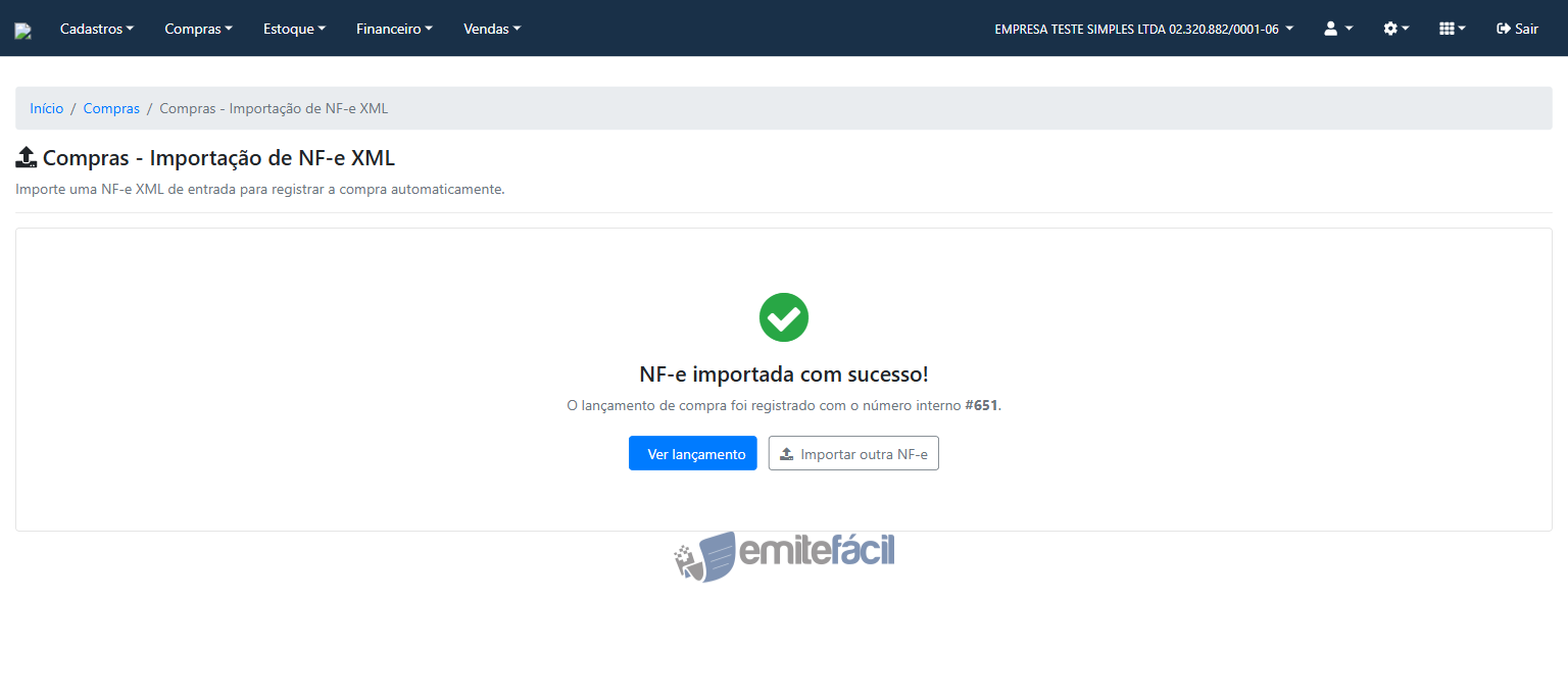 Tela de sucesso confirmando a importação com o número do lançamento