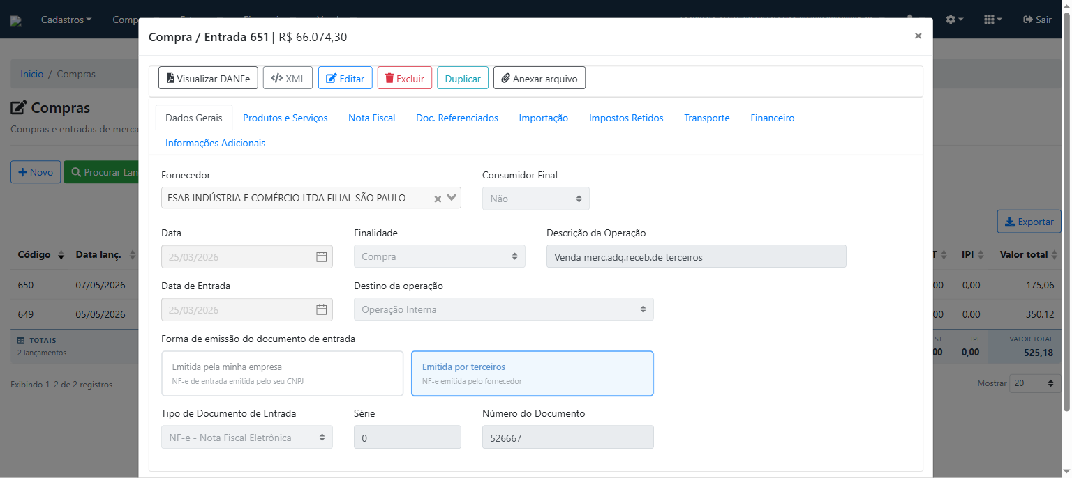 Modal do lançamento de compra criado após a importação do XML