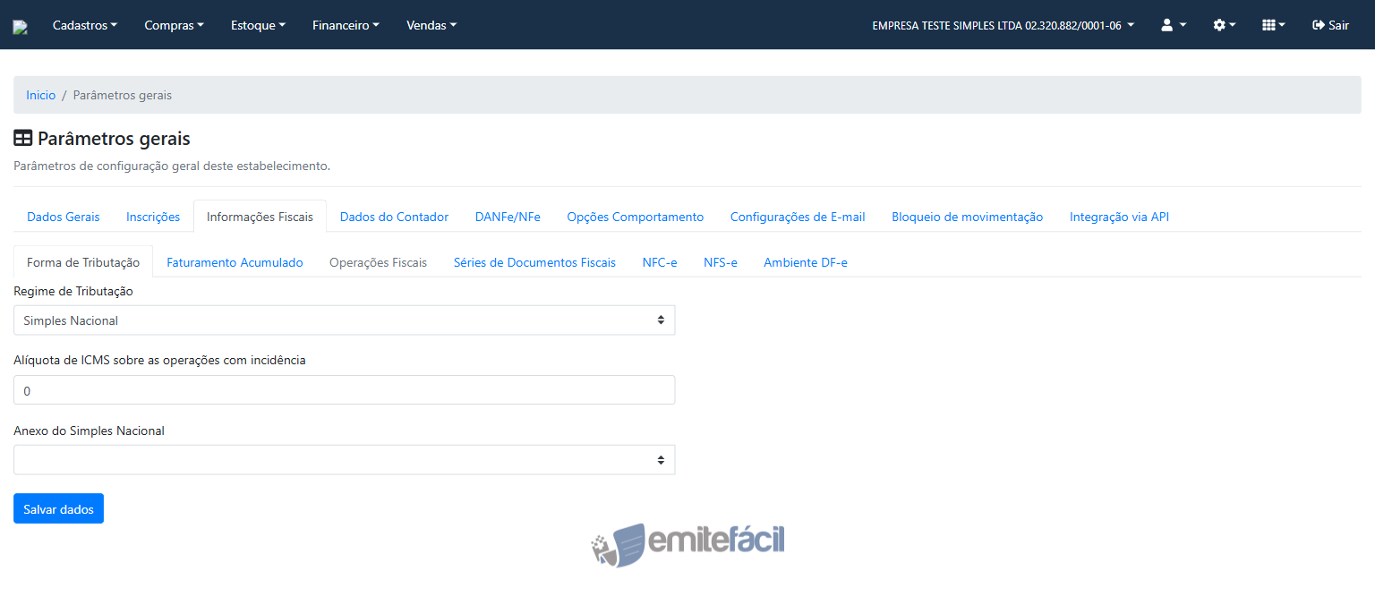 Parâmetros Gerais — aba Informações Fiscais