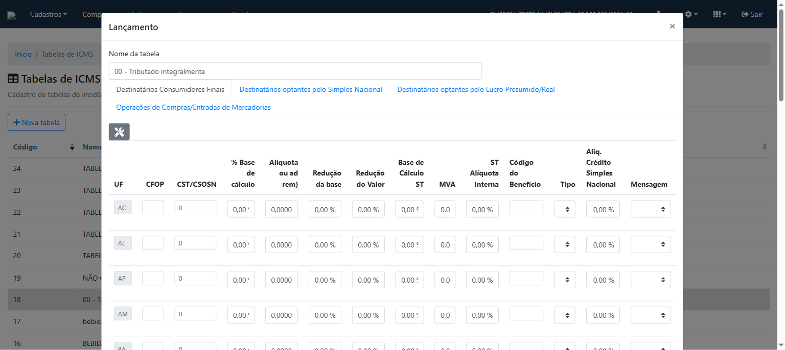 Modal de nova tabela ICMS — abas