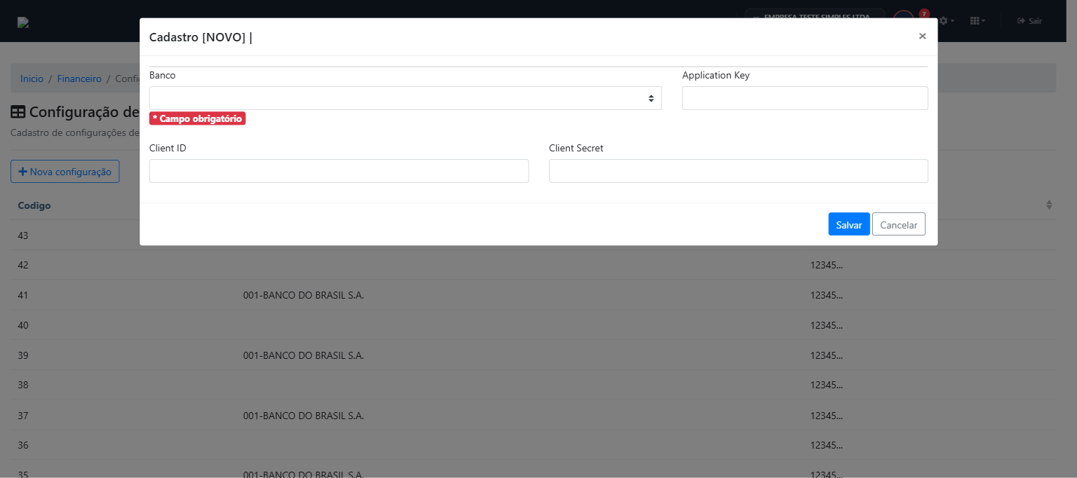 Modal de nova integração — banco não selecionado