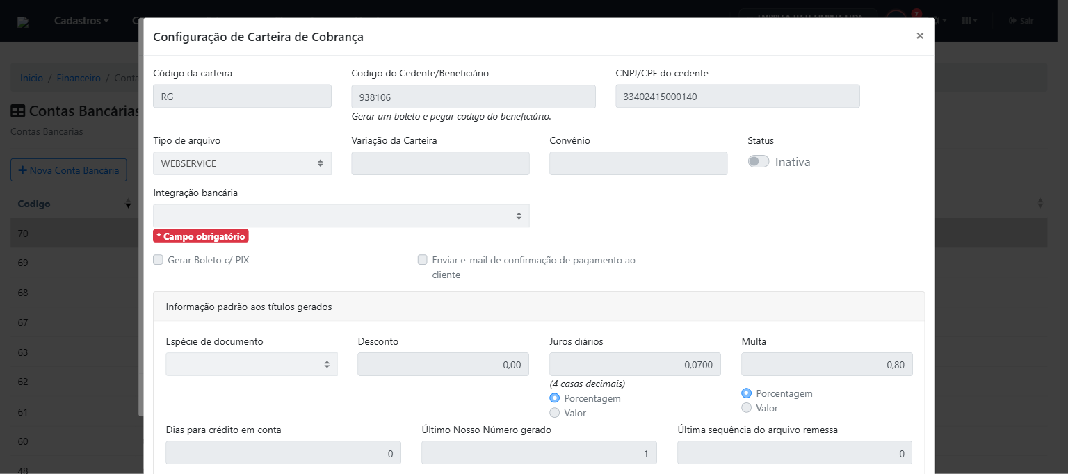 Modal de configuração de carteira de cobrança