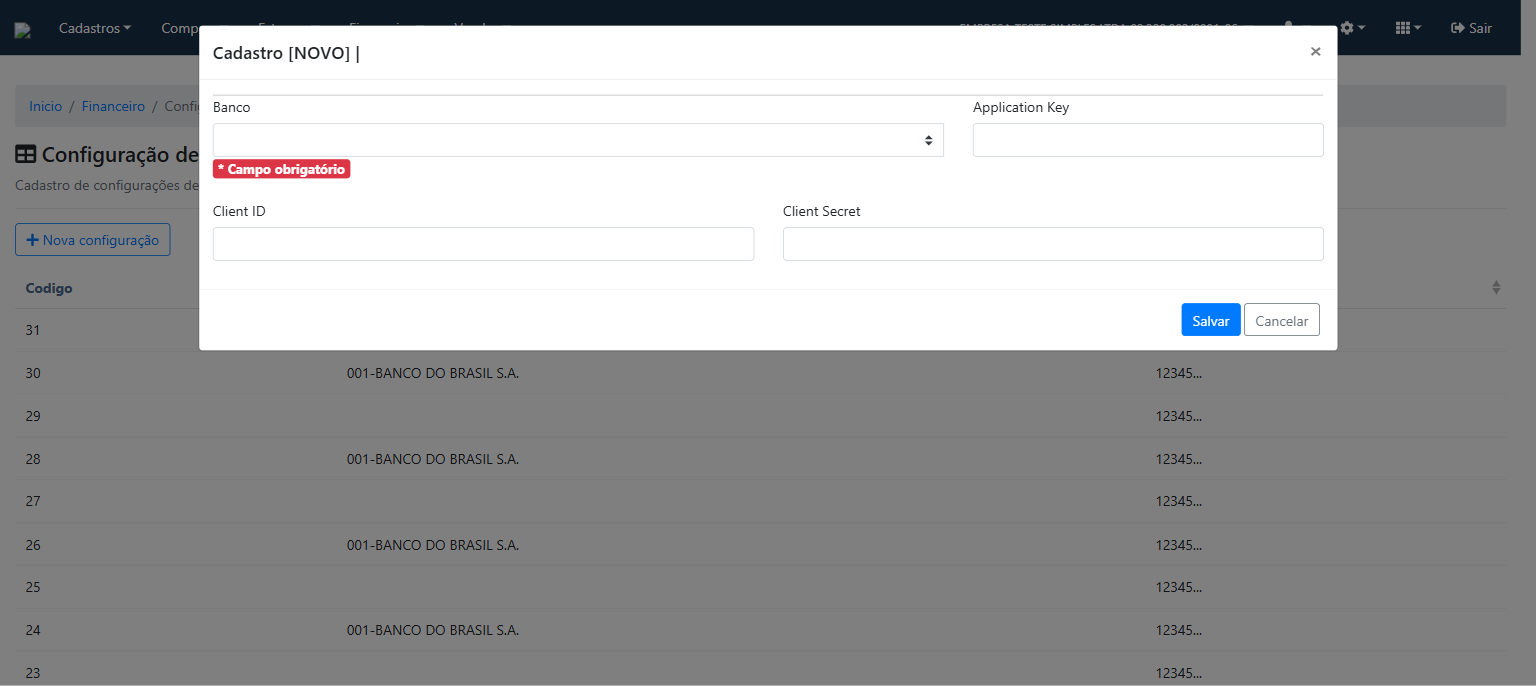 Modal de nova integração — banco não selecionado