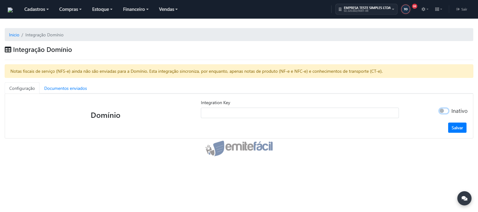 Tela inicial da Integração Domínio, com o campo Integration Key vazio e status Inativo
