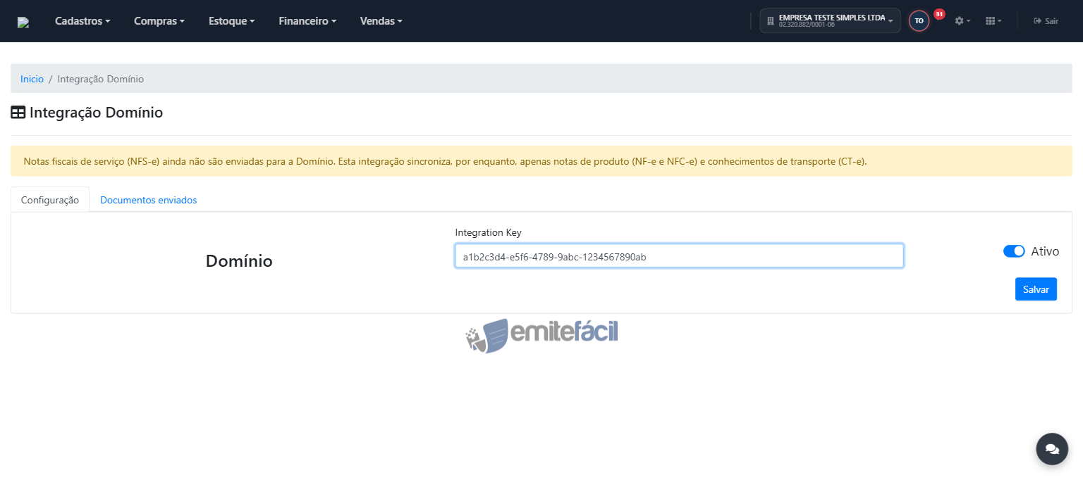 Campo Integration Key preenchido, com o status alternando automaticamente para Ativo
