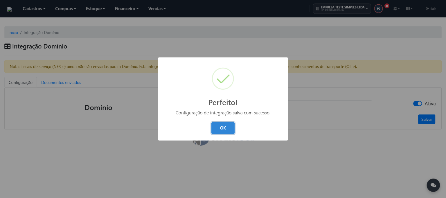 Mensagem de confirmação "Perfeito! Configuração de integração salva com sucesso."