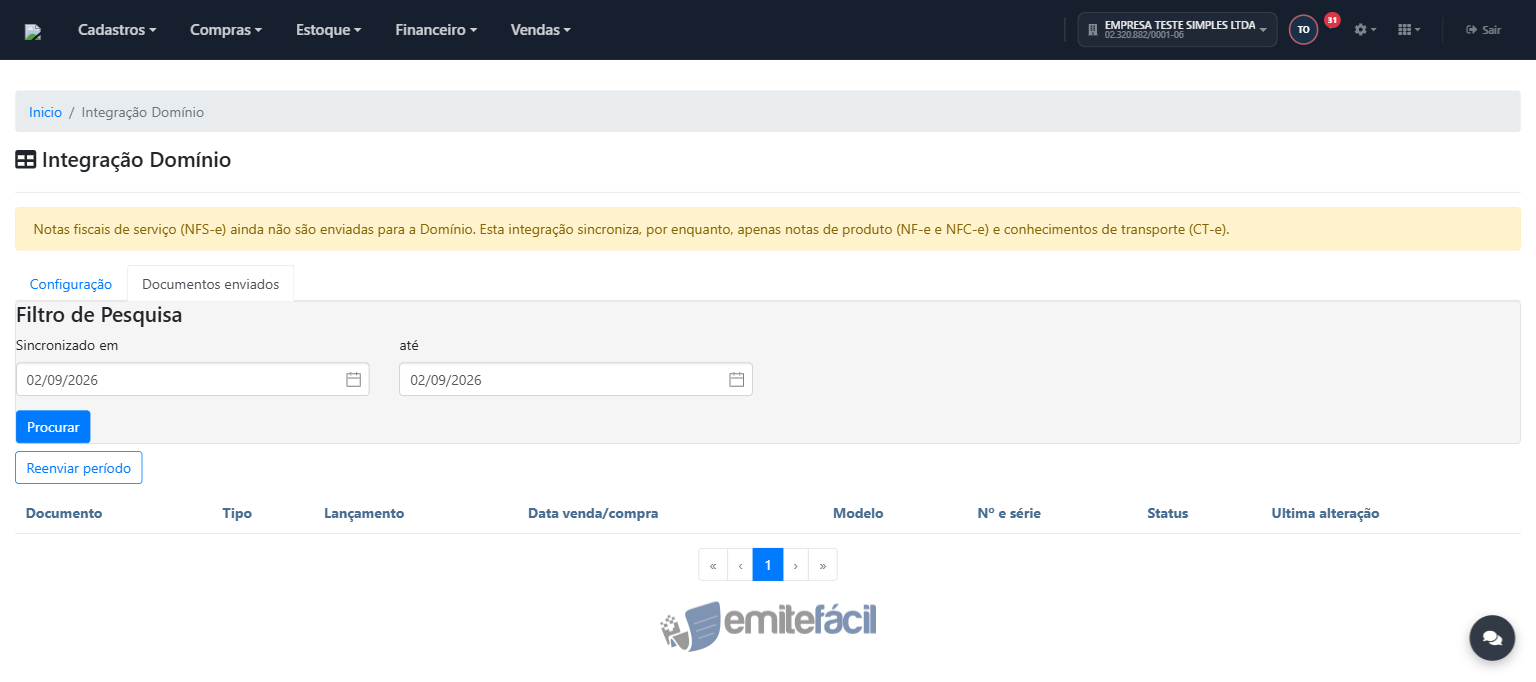 Aba Documentos enviados, com filtro de data e listagem de documentos sincronizados