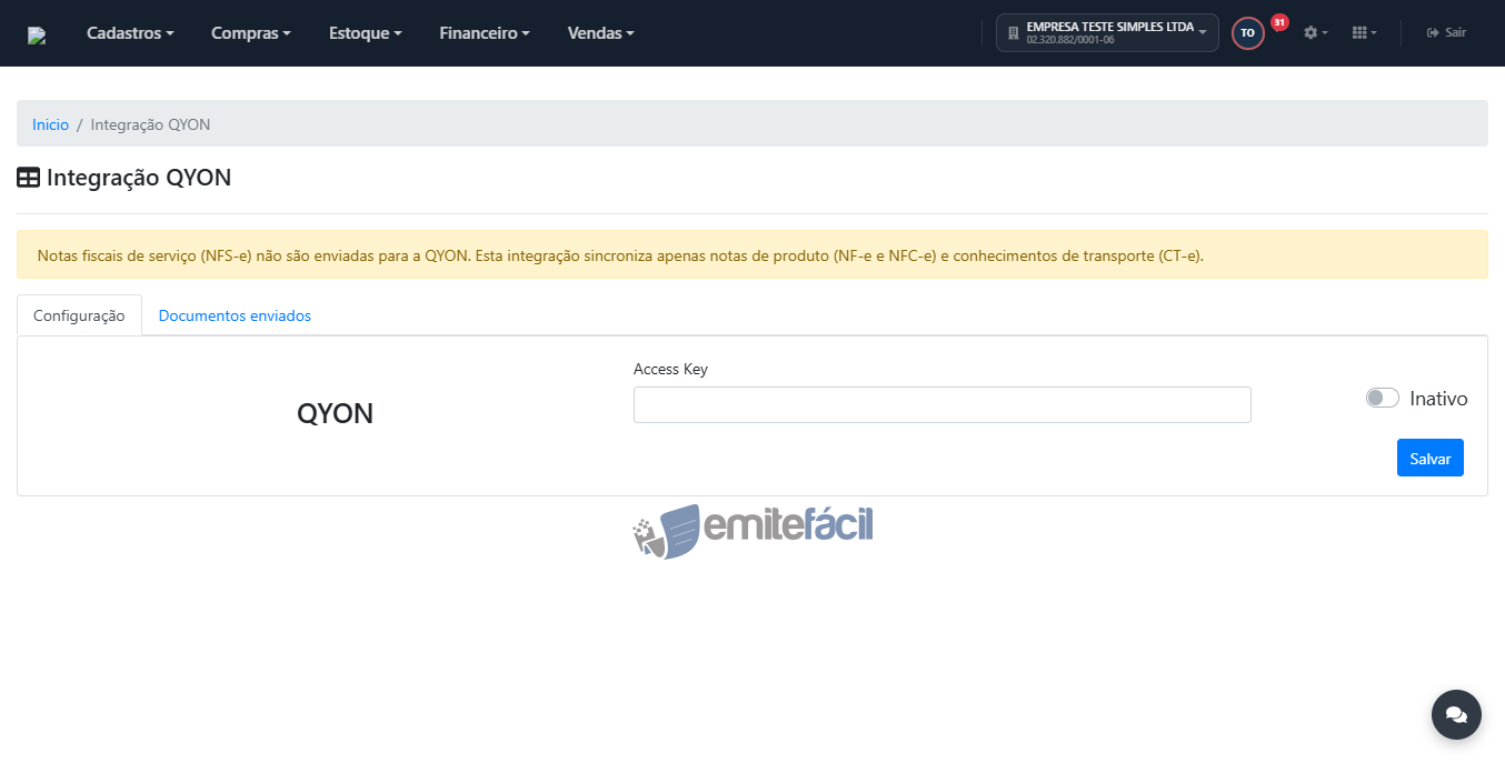 Tela inicial da Integração QYON, com o campo Access Key vazio e status Inativo
