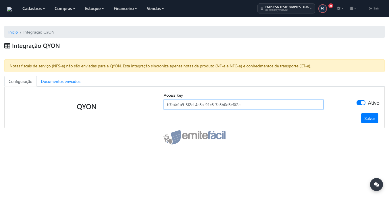 Campo Access Key preenchido, com o status alternando automaticamente para Ativo