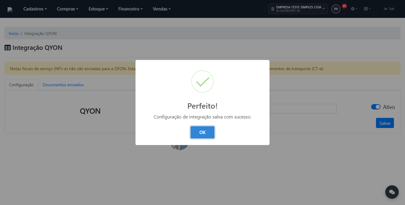 Mensagem de confirmação "Perfeito! Configuração de integração salva com sucesso."