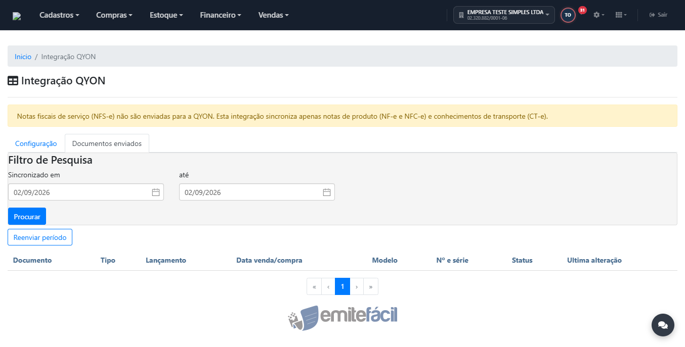Aba Documentos enviados, com filtro de data e listagem de documentos sincronizados