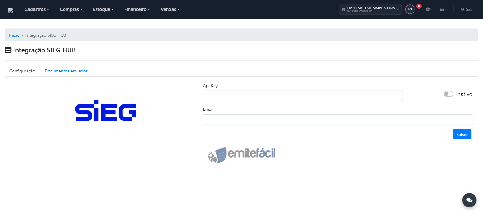 Tela inicial da Integração SIEG HUB, com os campos Api Key e Email vazios e status Inativo
