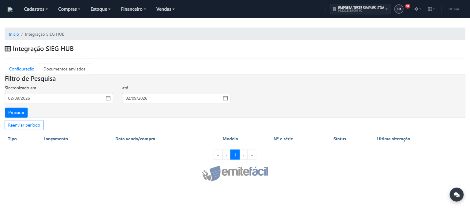 Aba Documentos enviados, com filtro de data e listagem de documentos sincronizados