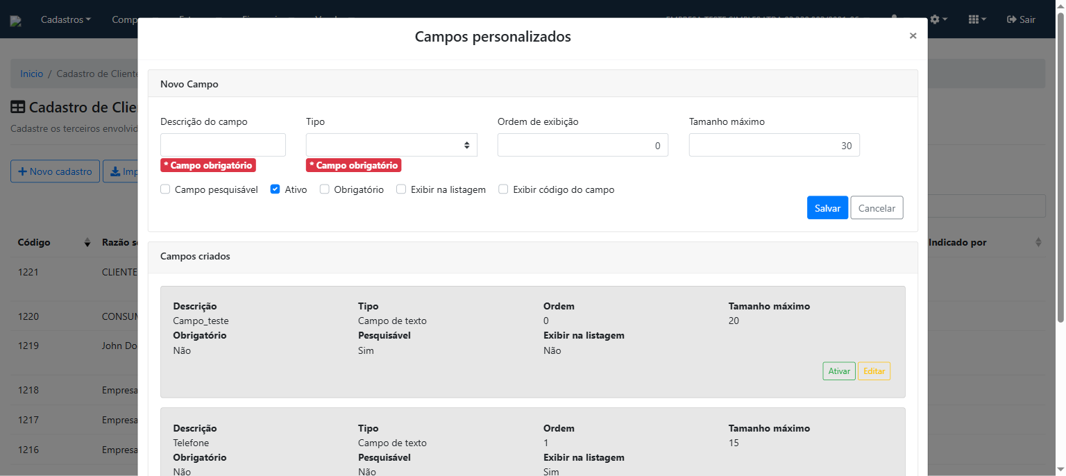 Modal de campos personalizados