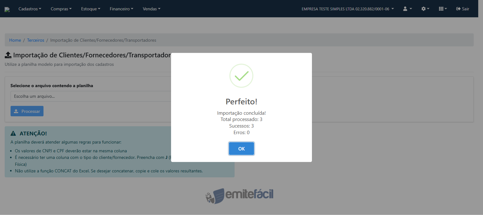 Resultado de sucesso — sem erros