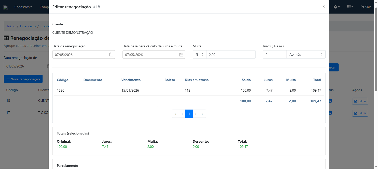 Modal em modo de edição