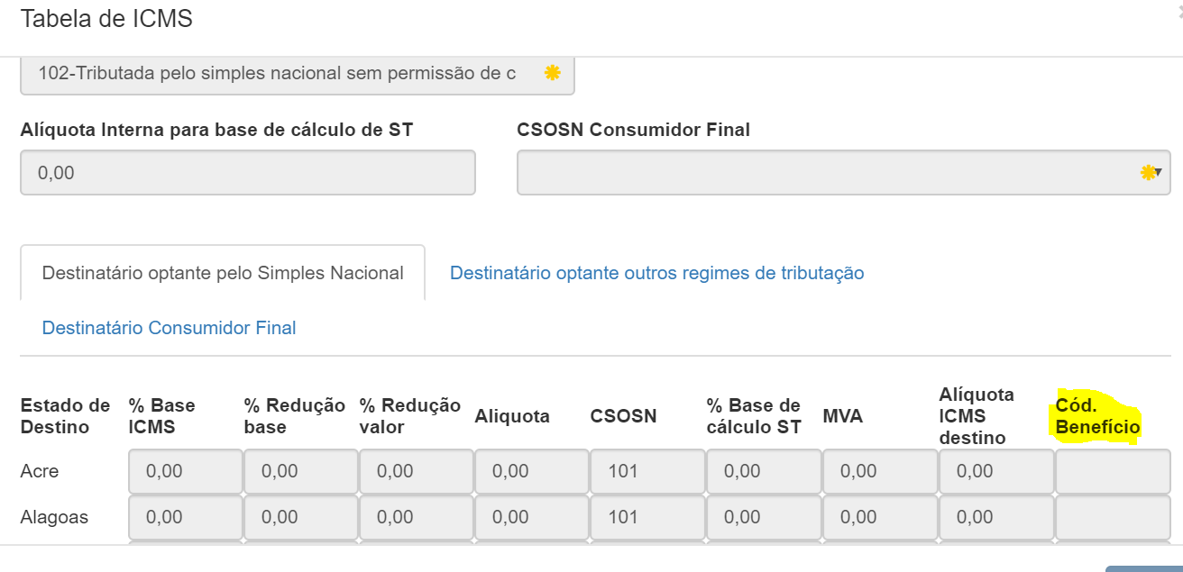 Tabela Tributária - Código do Benefício